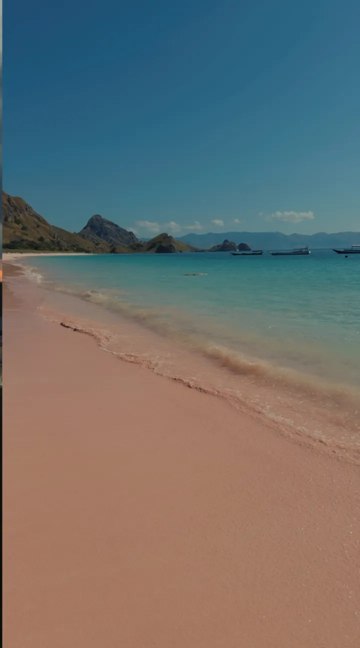 Pink sand and turquoise water in the midday sun.